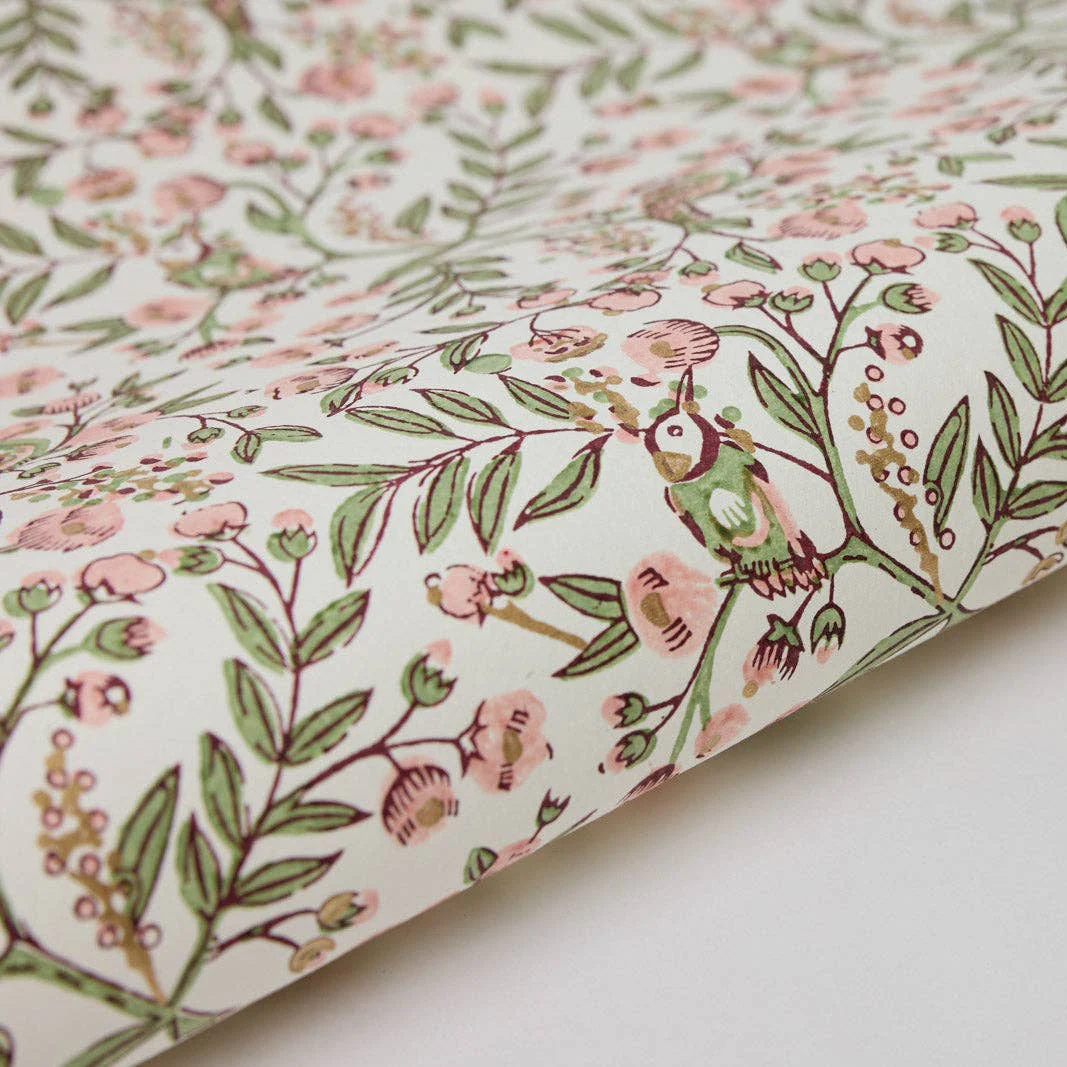 Block Printed Luxury Wrapping Paper - Song Birds Blush