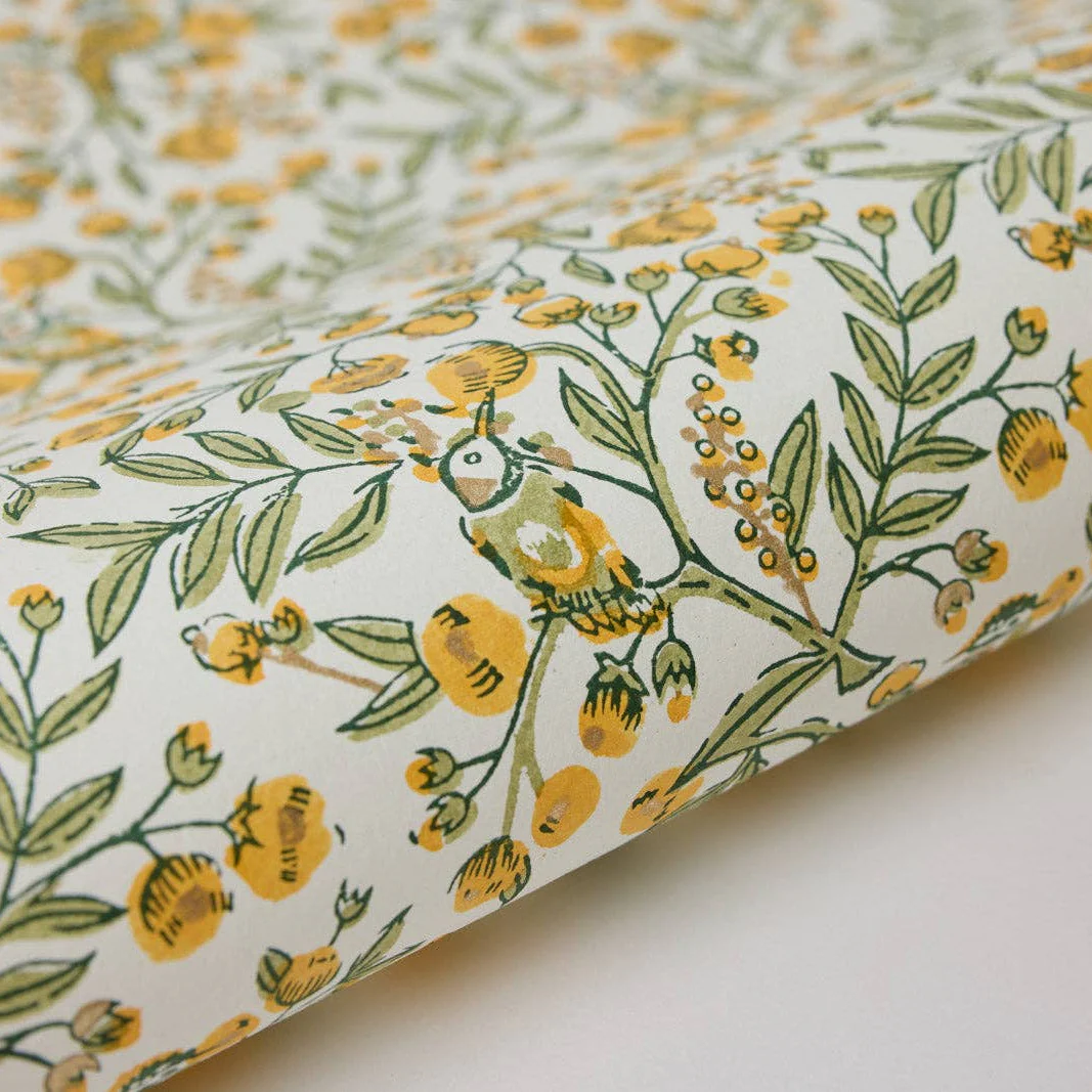 Block Printed Luxury Wrapping Paper - Song Birds Sunshine