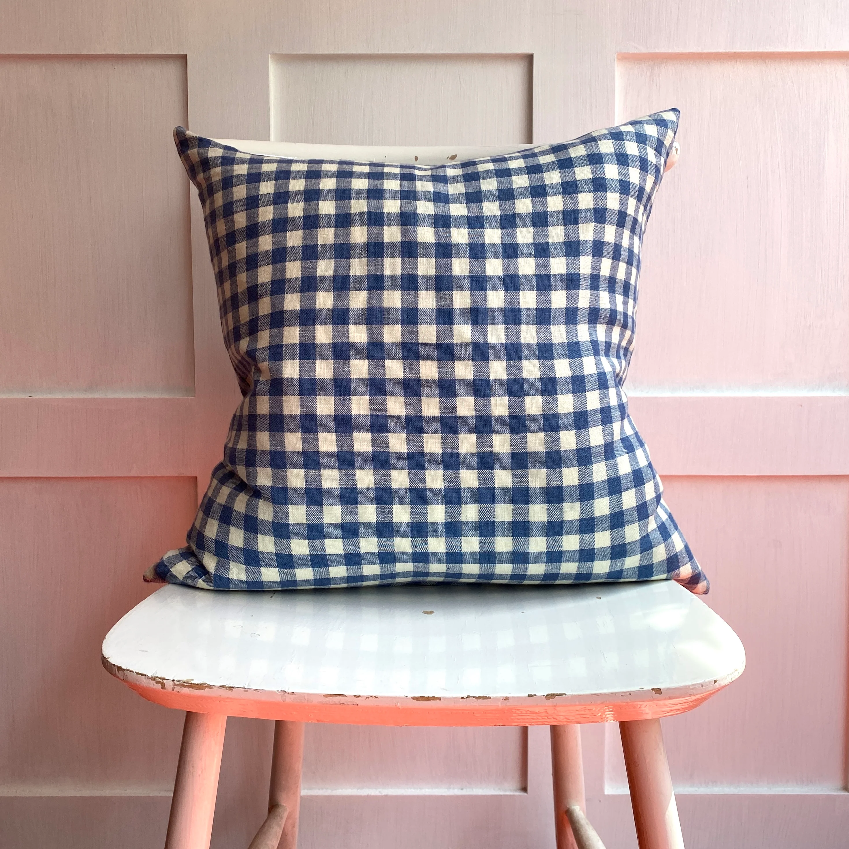 Cushion in Blue & Off White Linen Gingham - Image 3