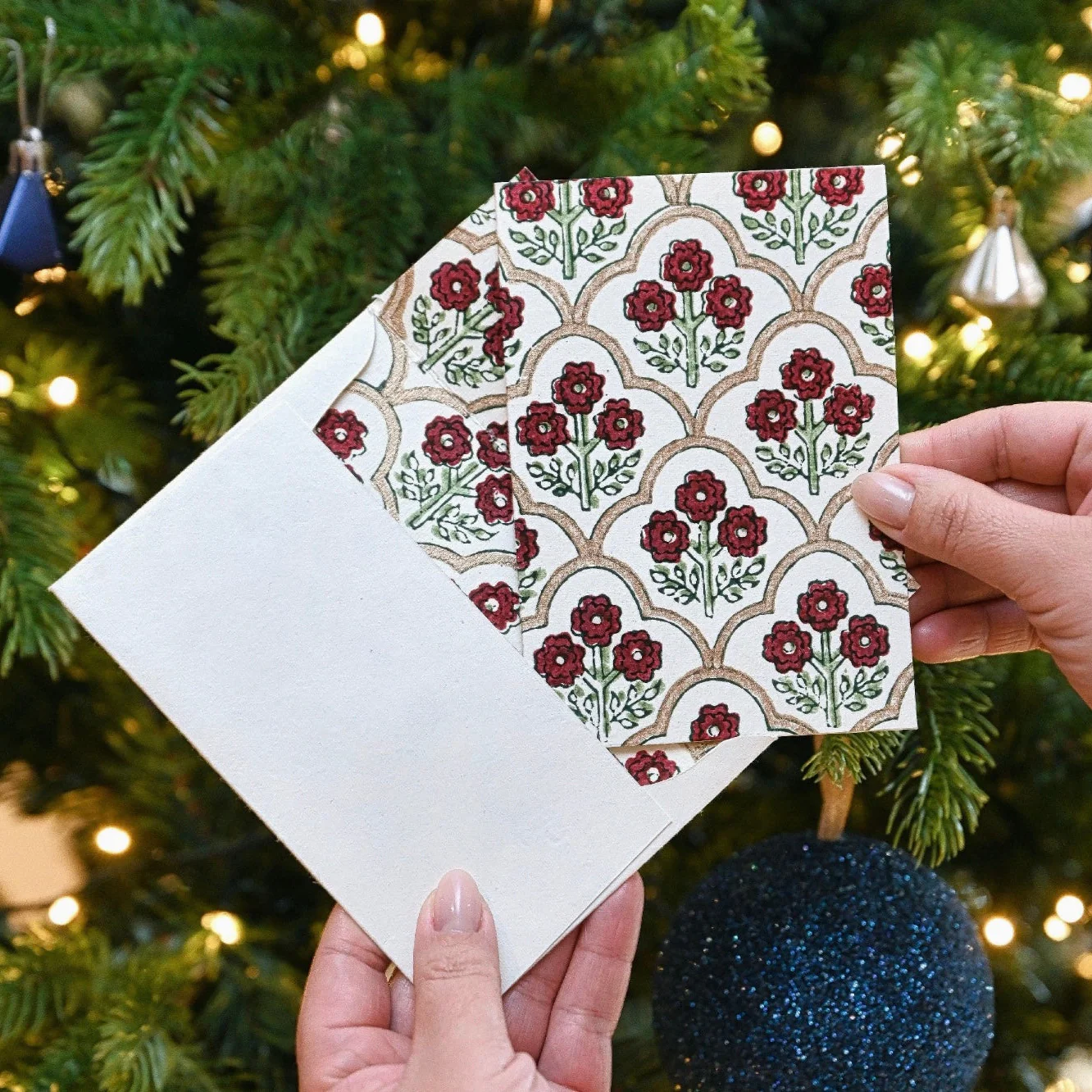 Hand Block Printed Greetings Card - Trellis Cherry - Image 2