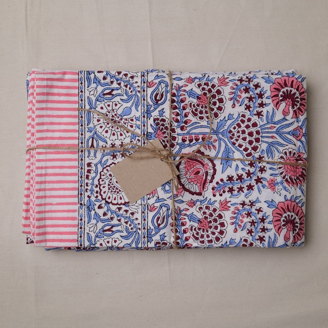 Indian Block Print Tablecloth - Pink, Red & Blue Floral