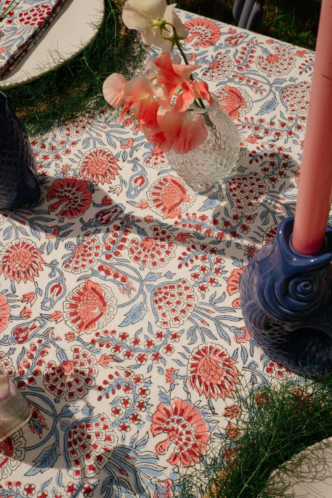 Indian Block Print Tablecloth - Pink, Red & Blue Floral - Image 2