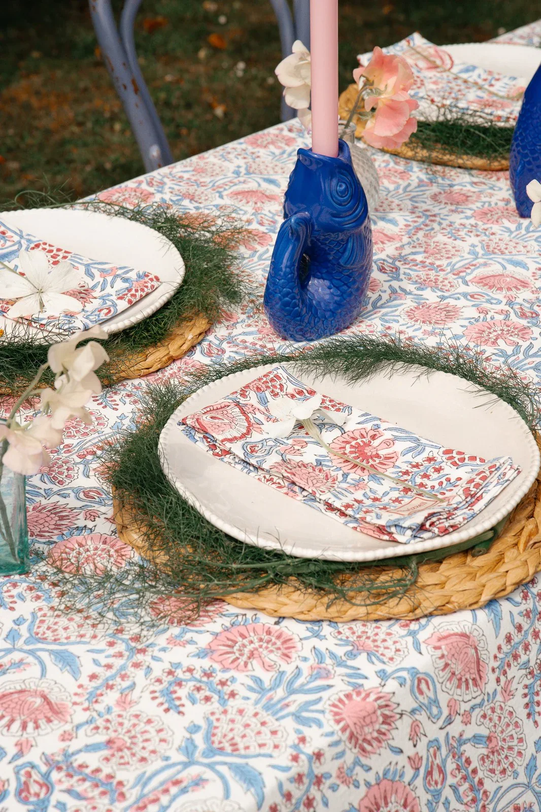 Indian Block Print Tablecloth - Pink, Red & Blue Floral - Image 3