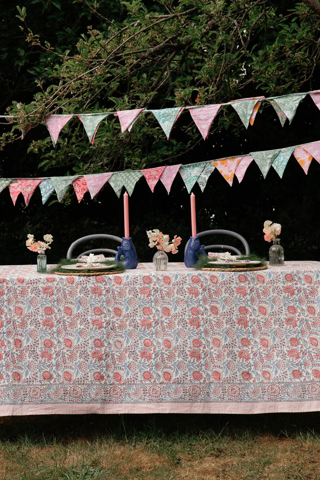 Indian Block Print Tablecloth - Pink, Red & Blue Floral - Image 4