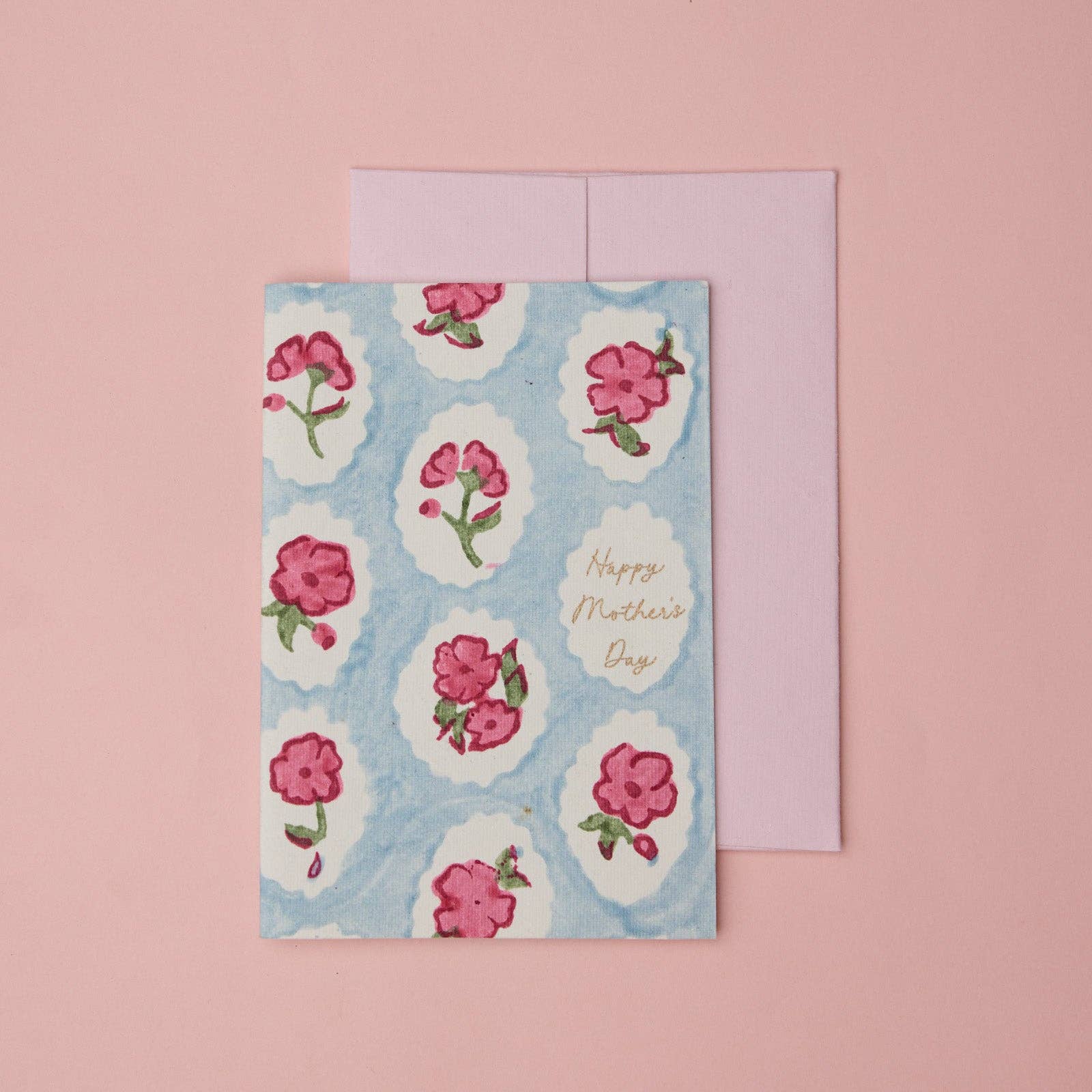 'Mother's Day' Hand Block Printed Greeting Card - Pink Floral - Image 2