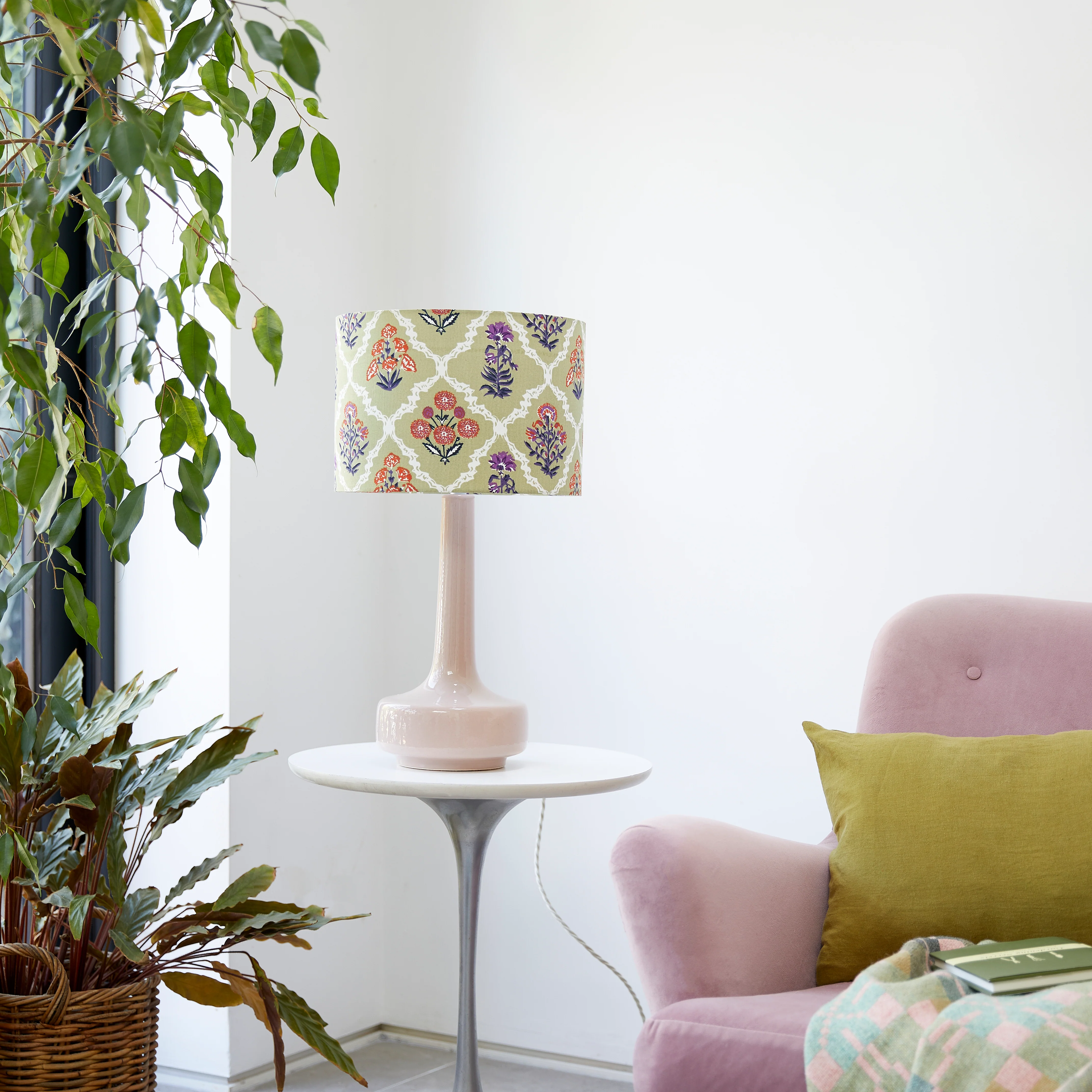 Pink Table Lamp & Sage 'Trellis' Shade